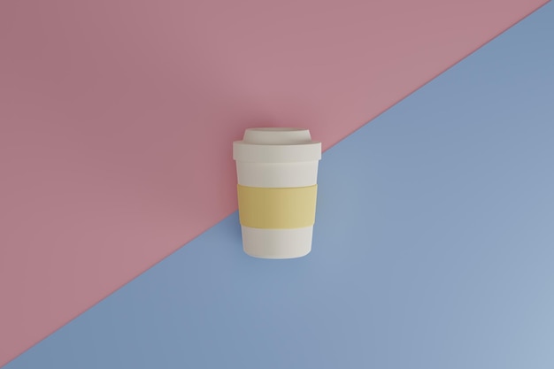 3D-Darstellung einer gelben Tasse Kaffee auf rosa und blauem Hintergrund