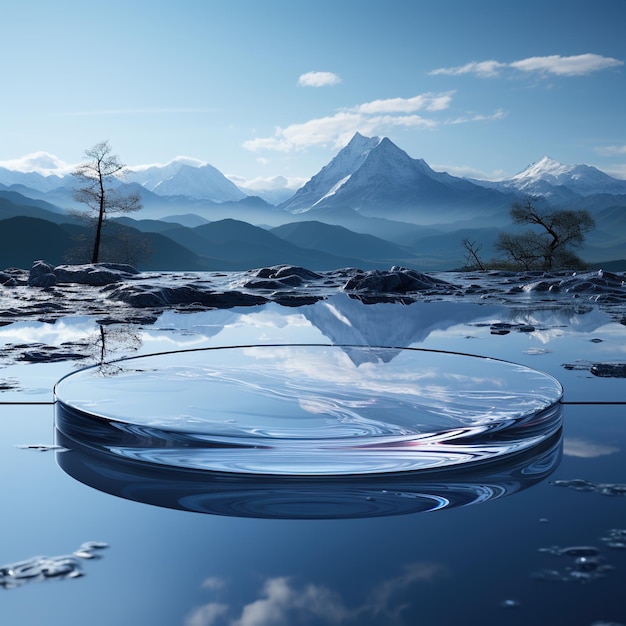 3D-Darstellung einer Glasplattform auf einem zugefrorenen See mit schneebedeckten Bergen im Hintergrund