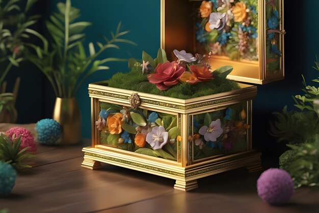 3D-Darstellung einer goldenen Schmuckschatulle mit Blumen im Inneren