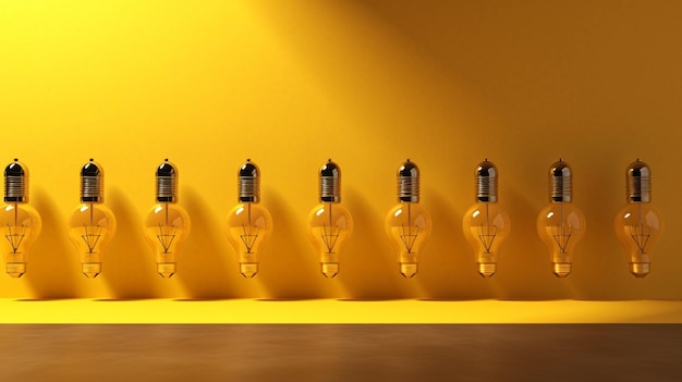 3D-Darstellung einer Gruppe elektrischer Glühbirnen auf gelbem Hintergrund
