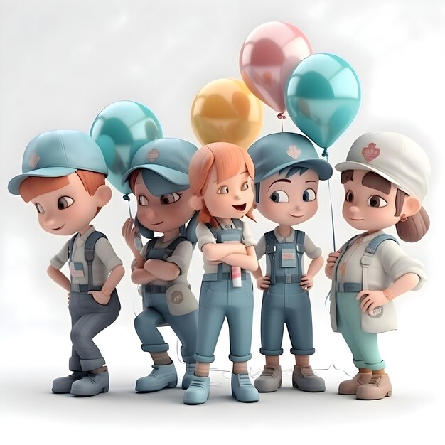 3D-Darstellung einer Gruppe von Kindern in Uniform mit Luftballons