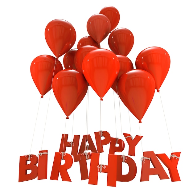 3D-Darstellung einer Gruppe von Luftballons mit den Wörtern alles Gute zum Geburtstag, die von den Schnüren in den roten Schattierungen hängen