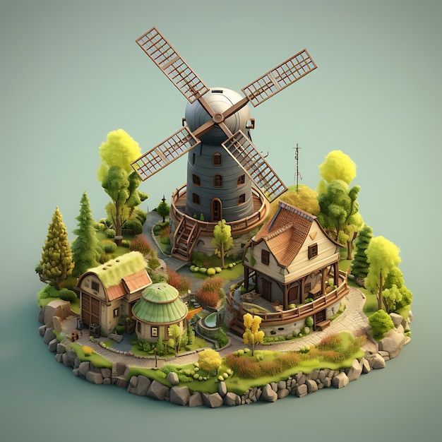 3D-Darstellung einer isometrischen Miniatur der Windmühlenstadt