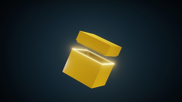 3D-Darstellung einer leeren gelben Geschenkbox mit leuchtendem Rand