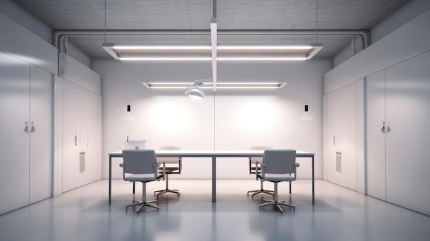 3D-Darstellung einer modernen Büroeinrichtung mit weißen Wänden, Betonboden und Besprechungstisch