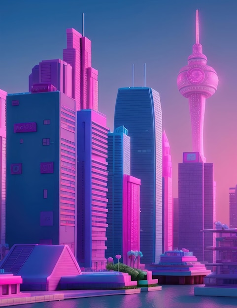 3D-Darstellung einer modernen Stadt bei Nacht mit Wolkenkratzern
