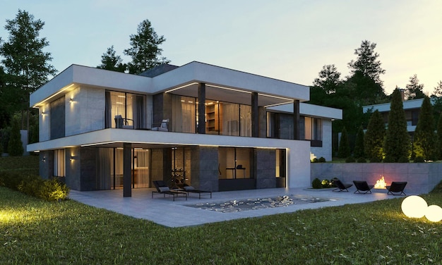 3D-Darstellung einer modernen Villa, umgeben von Wald. Abendbeleuchtung