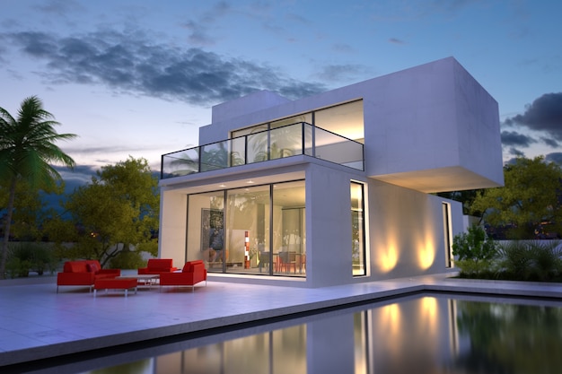 3D-Darstellung einer modernen weißen Villa mit einem Pool