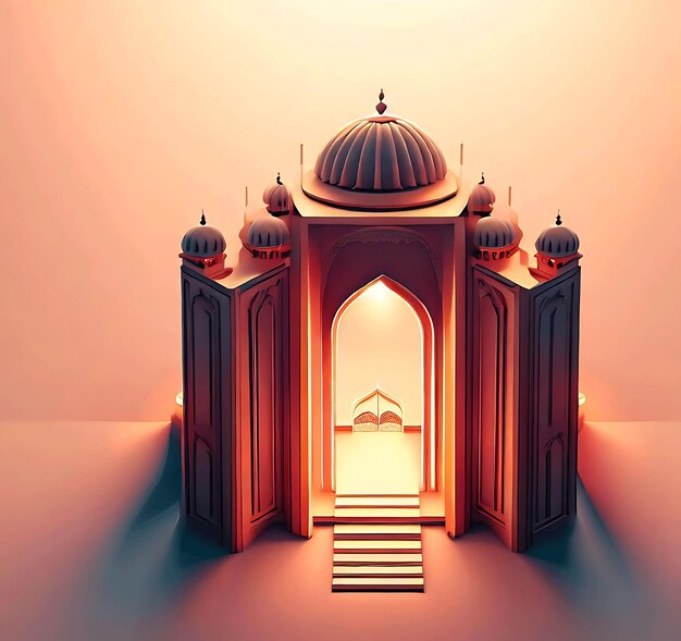 3D-Darstellung einer Moschee mit einem Tor in der Mitte
