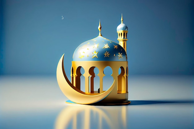 3D-Darstellung einer Moschee mit goldenem Mond und Sternenverzierung