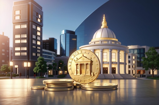 3D-Darstellung einer Münze mit einem Gebäude als Hinweis auf eine Bank im Hintergrund