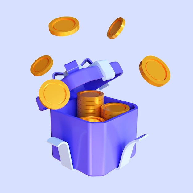 3D-Darstellung einer offenen Geschenkbox-Überraschung, Punktekonzept, Treueprogramm und Belohnungen