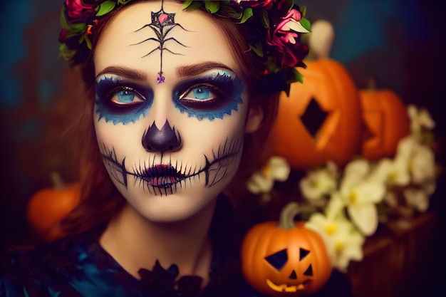 3D-Darstellung einer schönen Frau mit einem Tag des toten Make-ups für Halloween