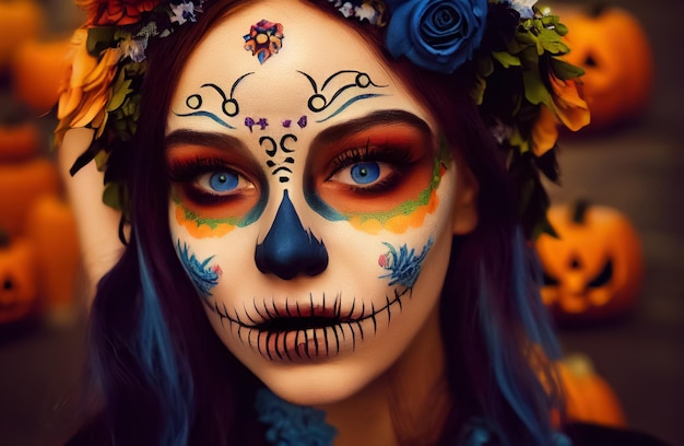 3D-Darstellung einer schönen Frau mit einem Tag des toten Make-ups für Halloween