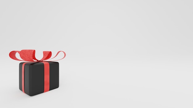 3D-Darstellung einer schwarzen Geschenkbox mit roter Schleife auf weißem Hintergrund