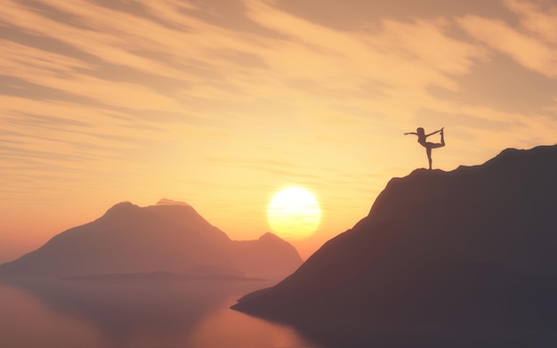 3D-Darstellung einer Silhouette einer Frau in Yoga-Position auf einem Berggipfel gegen Sonnenuntergang