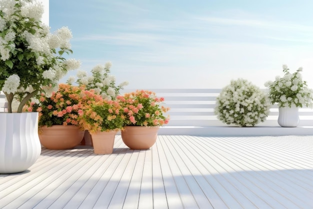 3D-Darstellung einer Terrasse mit Blumentopf auf weißem Holzboden