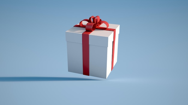 3D-Darstellung einer weißen Geschenkbox mit roter Schleife auf blauem Hintergrund