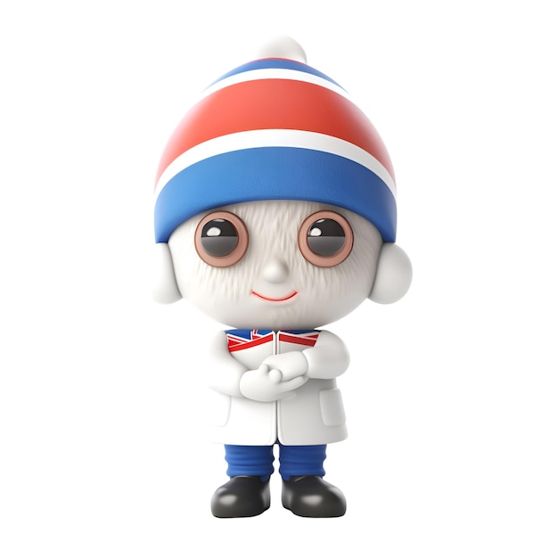 3D-Darstellung einer Zeichentrickfigur, die einen Hut mit britischer Flagge trägt