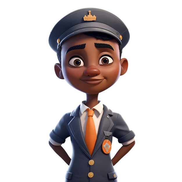 3D-Darstellung eines afroamerikanischen Polizeikindes mit Mütze und Uniform