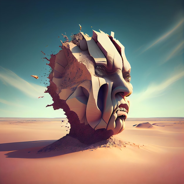 3D-Darstellung eines außerirdischen Kopfes in der Wüste vor blauem Himmel