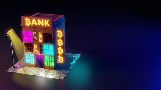 3D-Darstellung eines Bankgebäudes auf dunklem Hintergrund mit Leuchtreklame und Bitcoin-Schild