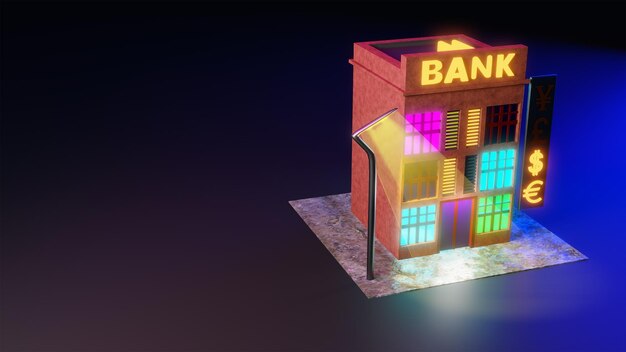 3D-Darstellung eines Bankgebäudes auf dunklem Hintergrund mit Leuchtreklame und Währungszeichen Bank mit Geldautomat für Online-Dienste Abendliche Straßenszene einer Bank mit einem Geldautomaten
