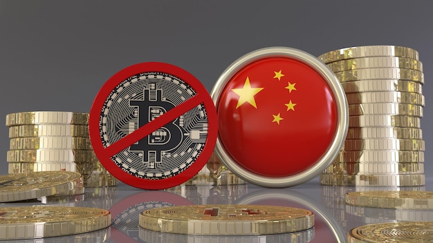 3D-Darstellung eines Bitcoins mit dem Verbotszeichen vor einem Abzeichen mit der chinesischen Flagge Concept of China hat angekündigt, dass alle Transaktionen mit Kryptowährungen illegal sind