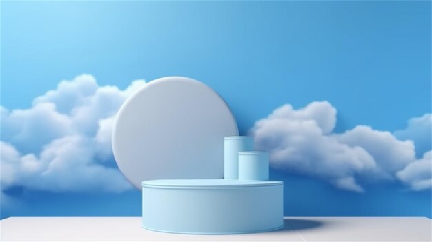 3D-Darstellung eines blauen Podiums für die Produktpräsentation im minimalistischen Stil mit Wolken