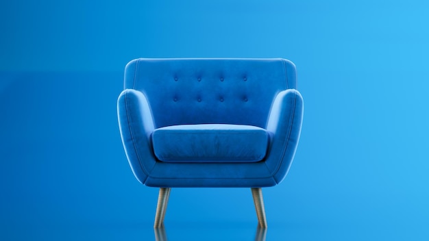 3D-Darstellung eines blauen Sofas, das über blauem Studiohintergrund isoliert ist