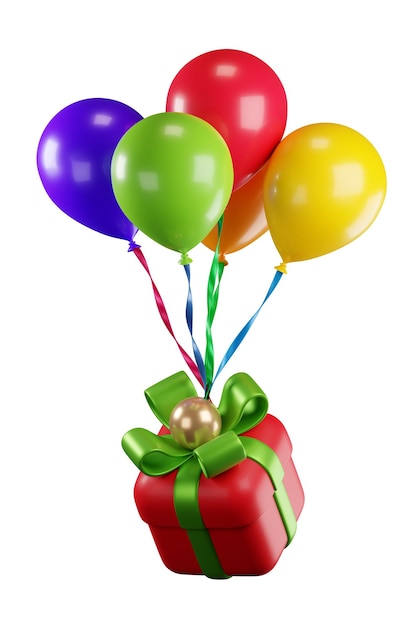 3D-Darstellung eines Bündels bunter Luftballons mit Bändern, die eine Geschenkbox halten