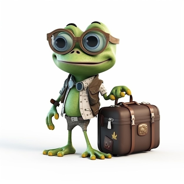 3D-Darstellung eines Cartoon-Frosches mit Aktentasche und Brille