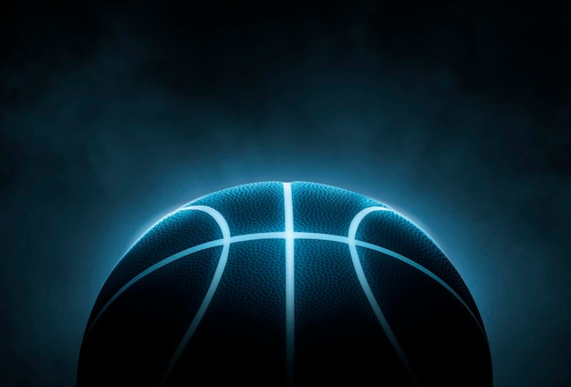 3D-Darstellung eines einzelnen schwarzen Basketballs mit hellblau leuchtenden Neonlinien Rauchhintergrund