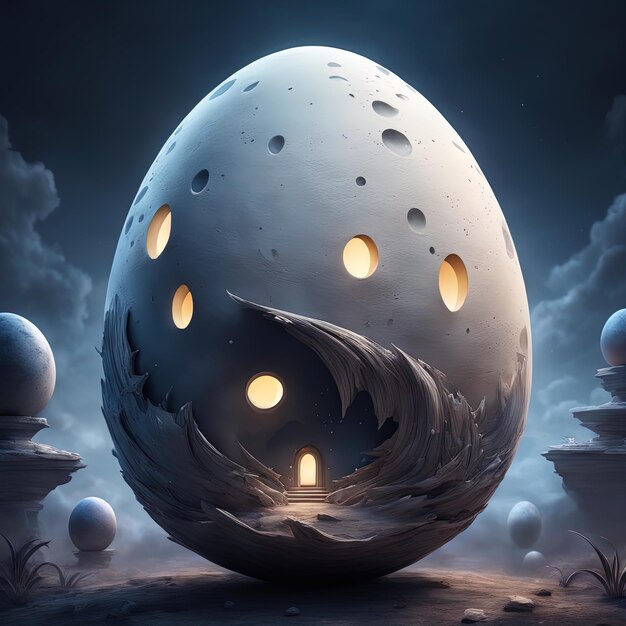 3D-Darstellung eines Fantasy-Aliens egga 3D-Darstellung einer futuristischen Kugel mit dem Mond im Hintergrund