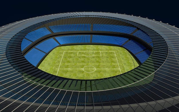 3D-Darstellung eines Fußballstadions mit grünem Feld