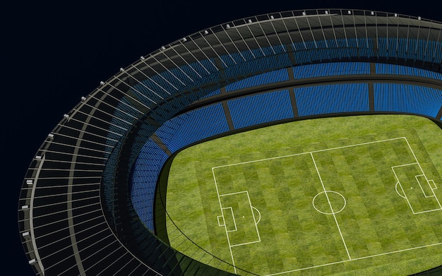 3D-Darstellung eines Fußballstadions mit grünem Feld