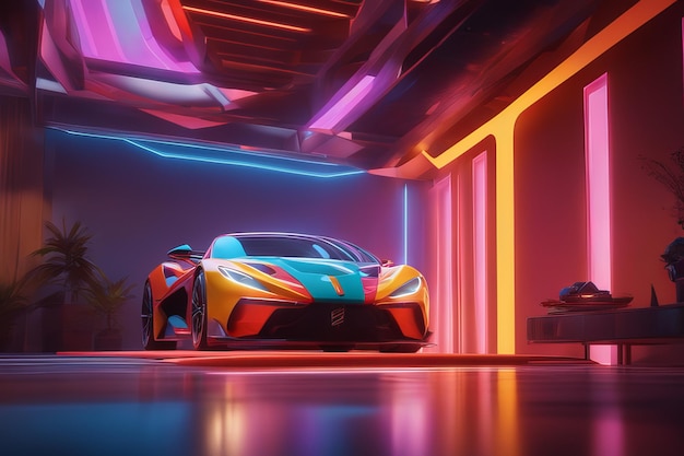 3D-Darstellung eines futuristischen Autos mit Neonlicht3D-Darstellung eines futuristischen Autos mit Neonlicht3D-Illustration