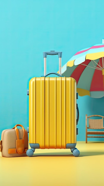 3D-Darstellung eines gelben Koffers mit Strandzubehör auf blauem Hintergrund Urlaubszeit Sommer