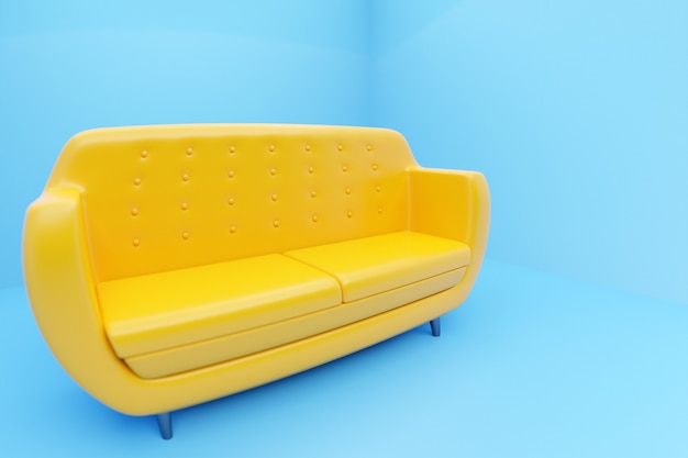 3D-Darstellung eines gelben Sofas im Retro-Stil der 60er Jahre auf blauem Hintergrund