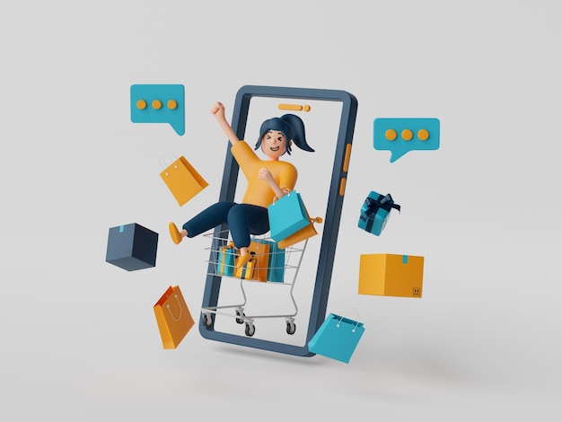 3D-Darstellung eines Geschäftsmanns, der online über eine Anwendung auf dem Smartphone mit Einkaufsartikeln einkauft