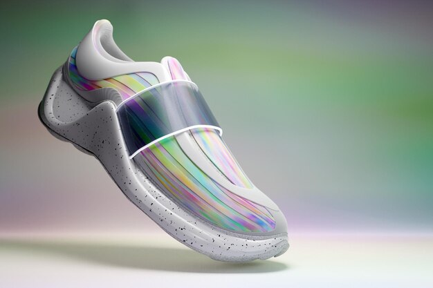 3D-Darstellung eines glänzenden weißen Sneakers mit Schaumstoffsohlen und Verschluss unter Neonfarbe auf hellem Hintergrund. Seitenansicht der Turnschuhe. Modische Turnschuhe.