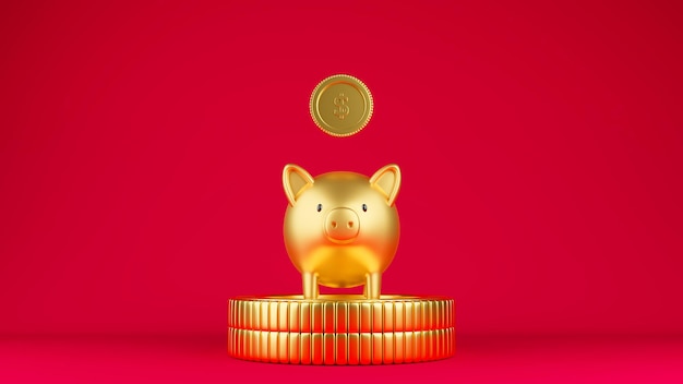 3D-Darstellung eines goldenen Sparschweins auf zwei Goldmünzen.