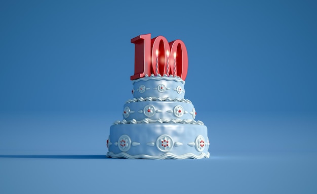 3D-Darstellung eines großen blauen Geburtstagskuchens mit einer großen Zahl einhundert an der Spitze