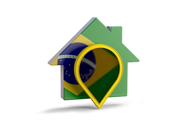 3D-Darstellung eines Hauses mit der Brasilien-Flagge und einer Standortnadel