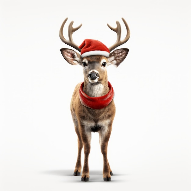 3D-Darstellung eines Hirsches mit roter Nase und Weihnachtsmütze auf weißem Hintergrund