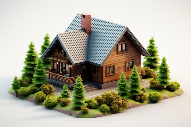 3D-Darstellung eines Holzhauses mit Kiefer auf isoliertem Hintergrund