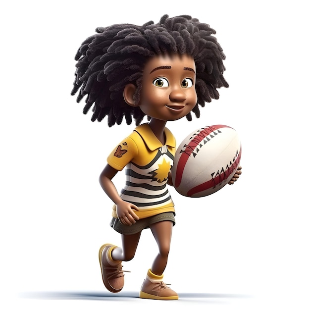 3D-Darstellung eines kleinen afroamerikanischen Mädchens mit einem Rugbyball