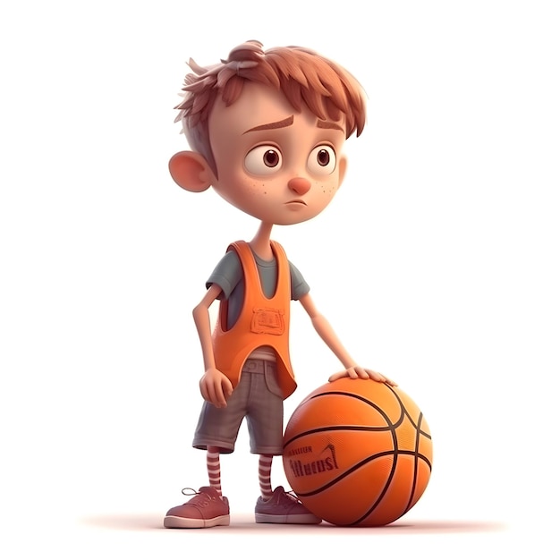 3D-Darstellung eines kleinen Jungen mit einem Basketballkorb