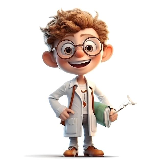 3D-Darstellung eines kleinen Jungen mit einem Buch und einem Stethoskop