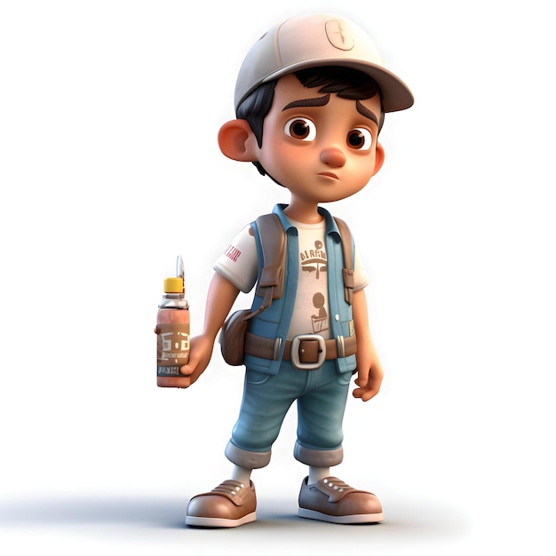 3D-Darstellung eines kleinen Jungen mit einer Flasche Öl in der Hand